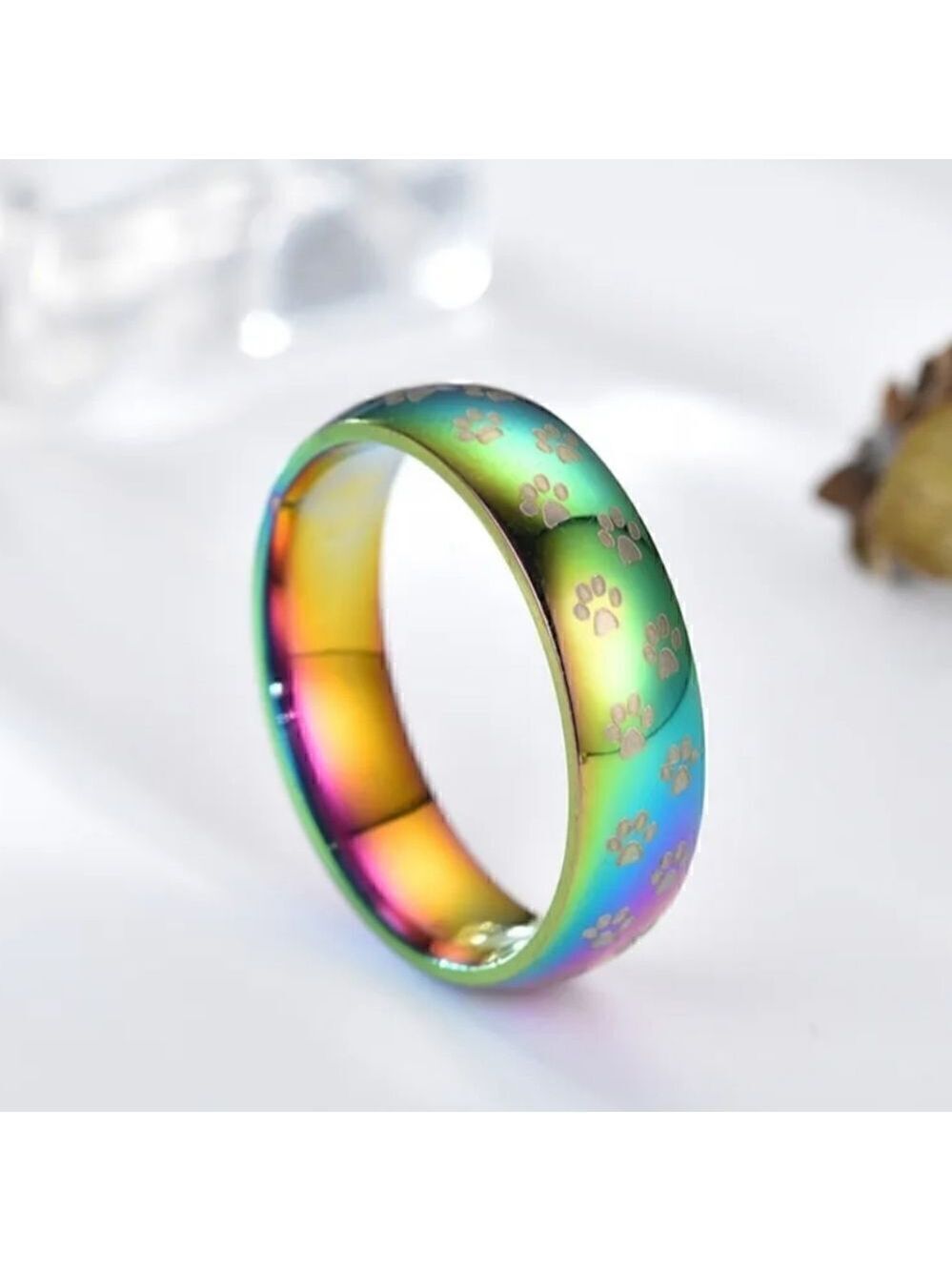 Fashion Colorful Titanium Steel Ring with Small Puppy Footprints Size 7